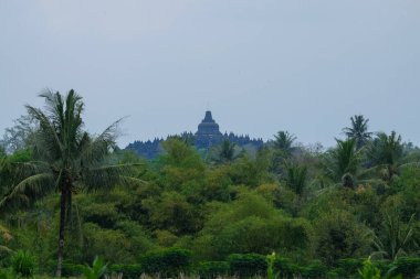 Borobudur tapınağının uzaktan görüntüsü. Gökyüzü arka planına sahip Borobudur tapınağı. 27 Eylül 2024 'te Endonezya' nın merkez kenti Borobudur 'ta çekildi.