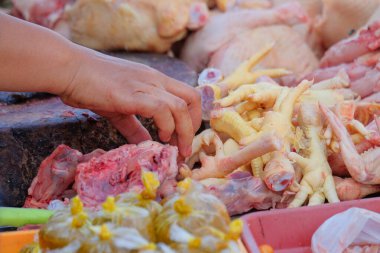 Bir parça tavuk eti tutan bir elin yakın çekimi. Geleneksel pazarda bir tavuk satıcısının elleri. Izgara tavuk satıcısı resmi.