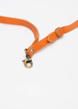 Beyaz arka planda izole edilmiş kahverengi derili klasik Lanyard. Kimlik kartları, kalemler, akıllı telefonlar ve diğerleri için işlevler. Pirinç düğmeli halat. Eski ve eski moda görünüyor. Boşluğu kopyala