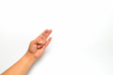 Parmak kapanışı, izole edilmiş beyaz arkaplanı rahatlatır. Saptaki sinir yansıma noktaları. Rahatlama ve iyileşme için masaj. Grafik tasarımı ya da afiş arkaplanı için alanı kopyala