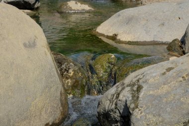 Büyük kayaların arasından akan küçük bir nehir. Doğa ve çevre kavramı. Huzur ve huzurun etkisi. Rahatlama teması için resim. Grafik tasarımı veya afiş arkaplanı için
