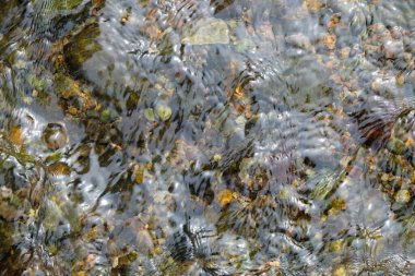 Arkaplan deseni ve berrak nehir suyunun dokusu dalgalanır.Nehir suyu nehrin dibindeki kayalara nüfuz eder. Huzur ve huzur yaratır. Grafik tasarımı veya afiş arkaplanı için