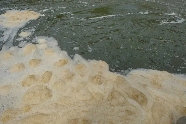 Nehir kıyısında kirli su köpüğü. Ders için alanı kopyalayın. Nehri kirleten atık köpük. Ekoloji ve çevre konsepti. Grafik tasarımı için, 3D canlandırma veya afiş arkaplanı