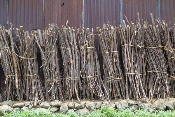 Evin duvarına yaslanmış odun yığınları. Kuru ağaç dallarından yakacak odun. Grafik tasarımı, 3D görüntüleme ve pankart arkaplanı