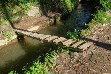 Bir hendeğin üzerindeki ahşap köprü. Geçiş için ahşap köprü. Grafik tasarımı, 3D görüntüleme ve afiş arkaplanı için.