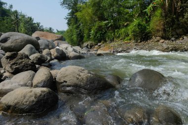 Dağlarda temiz suyla bir nehir manzarası. Kaya yapısı olan nehir. Ekoloji ve çevre kavramı. Grafik tasarımı için, 3B görüntüleme ve pankart arkaplanı