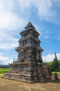 Dieng 'deki Setyaki Tapınağı, Orta Cava, Endonezya mavi gökyüzü arka planına sahip. Hindu tapınağının kalıntıları. Grafik tasarımı için, 3B görüntüleme ve pankart arkaplanı