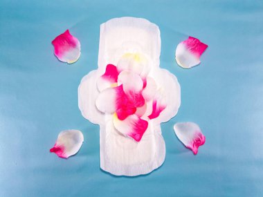 Adet dönemi ya da adet dönemi, kadın hijyeni, konfor ve koruma konsepti, hijyenik peçete ya da gül yaprakları mavi arka planlı adet pedi.