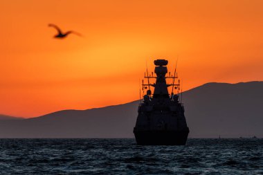 Türk savaş gemisi kırmızı günbatımında önünde bir martı ile