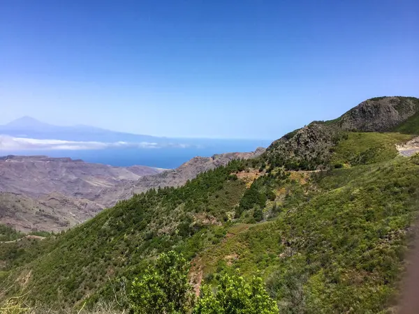 Görkemli dağlar Tenerife 'deki engin okyanusla buluşuyor. Bereketli yeşillik, açık mavi gökyüzünün altındaki yamaçları kaplıyor ve adanın doğal güzelliğini ve çeşitliliğini gözler önüne seriyor..