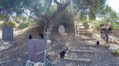 A spooky outdoor setting features skeleton decorations and black ravens among gravestones. The scene is set under an old tree, creating an eerie yet playful atmosphere. clipart