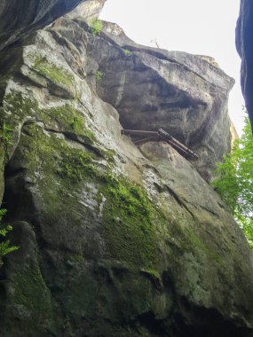 Yosun kaplı yüksek bir kaya oluşumu parlak bir gökyüzüne doğru yükseliyor. Güneş ışığı doğanın güzelliğini gözler önüne sererek manzarayı aydınlatırken, yemyeşil alan tabanı sarar..