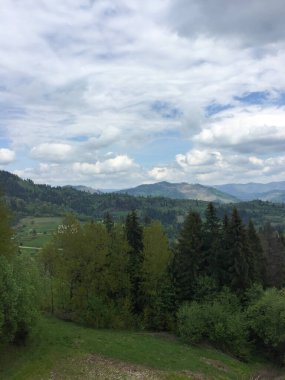 Yeşil yemyeşil tepeler, uçsuz bucaksız bulutların altındaki ağaçlarla kaplı arazi boyunca uzanıyor. Huzurlu ortam, gün boyunca doğanın güzelliğini yansıtıyor..
