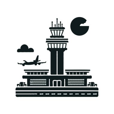 Airport tower icon silhouette vector with a clean design on a white background, ideal for aviation-related graphics, travel themes, and navigation projects, representing air traffic control and airport infrastructure clipart