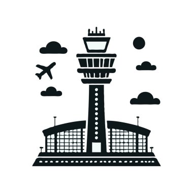 Airport tower icon silhouette vector with a clean design on a white background, ideal for aviation-related graphics, travel themes, and navigation projects, representing air traffic control and airport infrastructure clipart