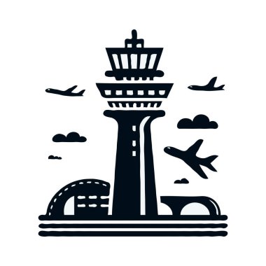 Airport tower icon silhouette vector with a clean design on a white background, ideal for aviation-related graphics, travel themes, and navigation projects, representing air traffic control and airport infrastructure clipart