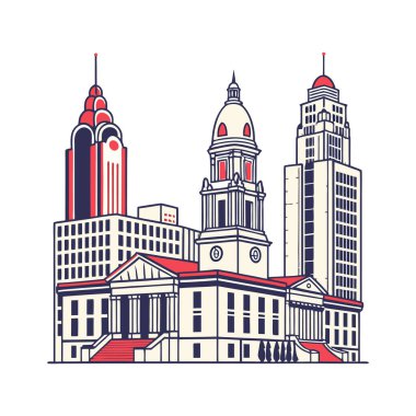 Flat city buildings vector art featuring simple, clean designs of urban structures, ideal for cityscape illustrations, real estate graphics, urban planning projects, and modern architectural presentations, capturing the essence of a bustling city clipart