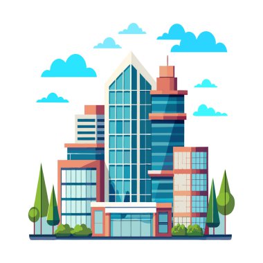 Modern office building collection with flat vector illustrations, featuring a variety of contemporary office designs, perfect for real estate marketing, corporate branding, urban planning, and architectural presentations clipart