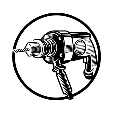 İnşa, DIY ve endüstriyel tasarım projeleri için ideal cesur, minimal bir taslak içeren matkap siluet vektör çizimi.
