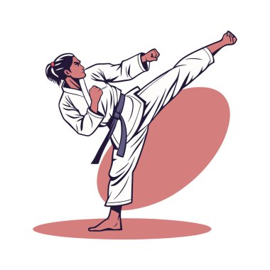 Karate vektör çizimi, spor markalaşması, dövüş sanatları temaları ve fitness grafikleri için ideal bir dövüş sanatçısı tasvir ediyor.