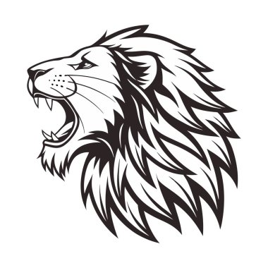 A bold, stylized black and white graphic of a lion's head in profile view. clipart