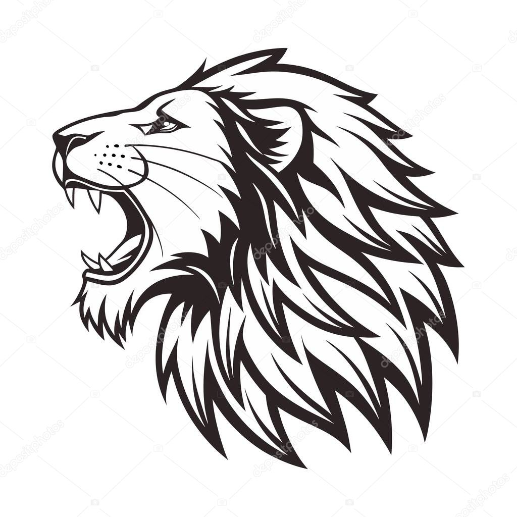 A bold, stylized black and white graphic of a lion's head in profile view.