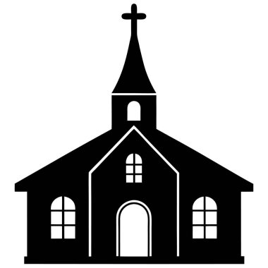 Beyaz arka planda haçı olan basit bir kilise silueti.