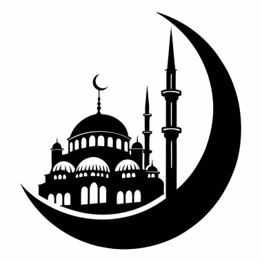 Kubbeli ve minareli bir İslami cami silueti. Hilal şeklinde büyük bir ayın içine gizlenmiş.