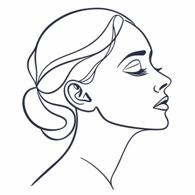 Minimalist bir çizgi, profilde bir kadının yüzünü gösteriyor, saçı updo şeklinde..