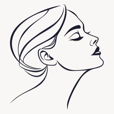 Minimalist bir çizgi bir kadının yüzünü ve boynunu gözler kapalı, profil görünümünde sergiliyor.