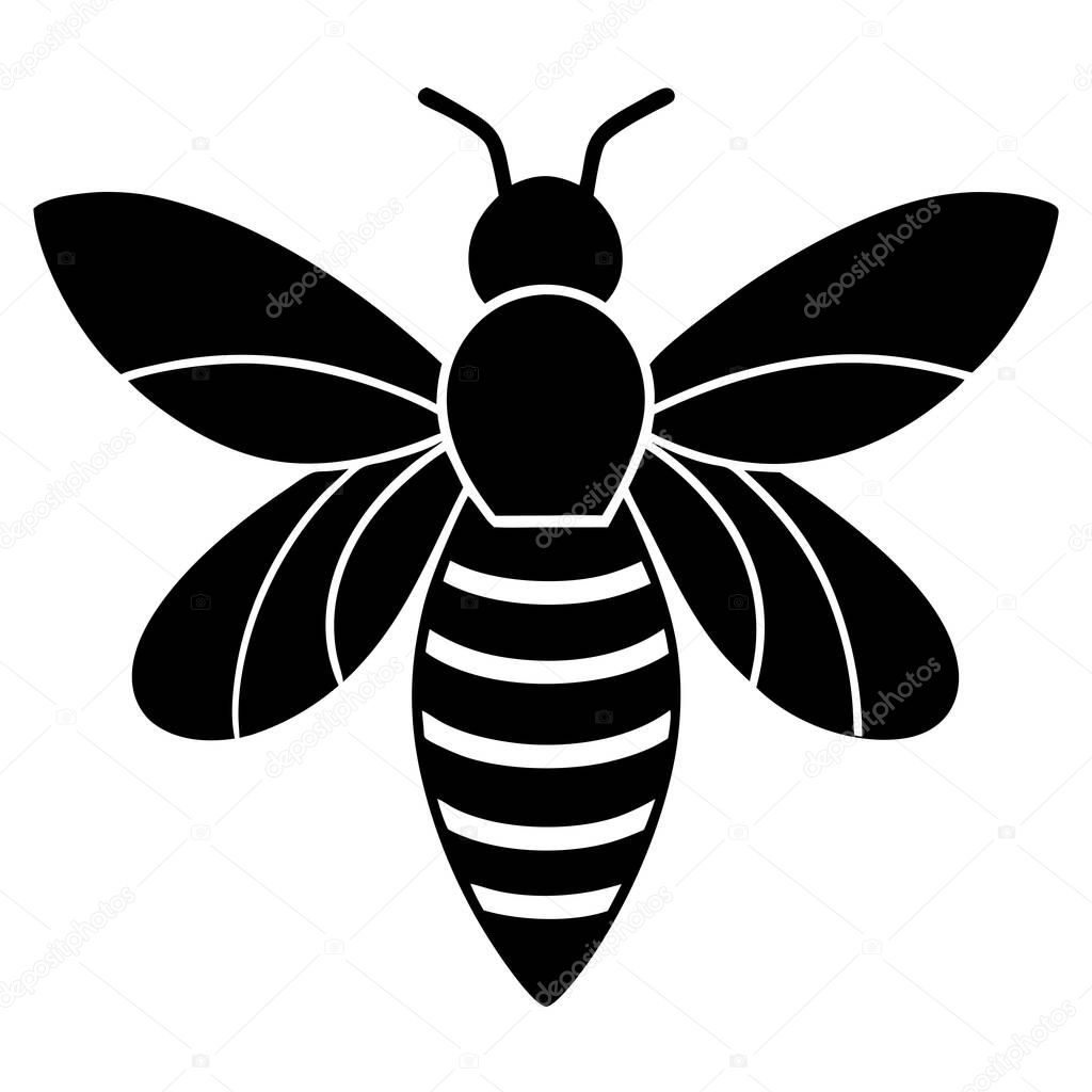 A simple, black silhouette of a bee with striped abdomen.