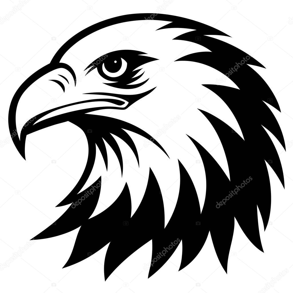 A stylized illustration of an eagle's head in profile, rendered in stark black and white