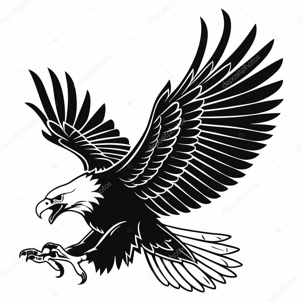 A stylized black and white illustration of an eagle soaring with wings outstretched.