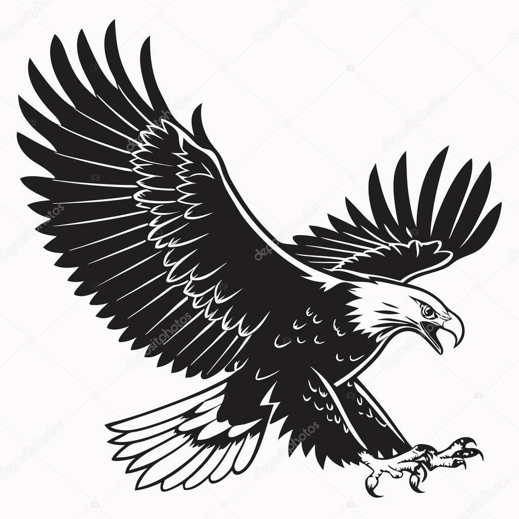 A powerful bald eagle soars through the air, wings outstretched in a dynamic pose.