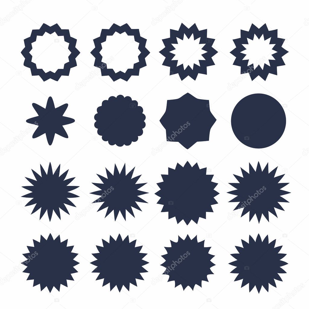 A set of sixteen diverse geometric shapes includes starbursts, circles, and other shapes in a dark-blue hue, perfect for design projects.