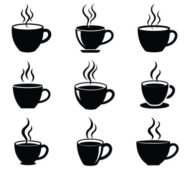 İçinde dumanı tüten kahve fincanları olan dokuz adet minimalist siyah beyaz siluet vektör ikonu indir. Logolar, grafik tasarım ve bir kafe, kafe veya içeceklerle ilgili projeler için mükemmel. Bu koleksiyon...