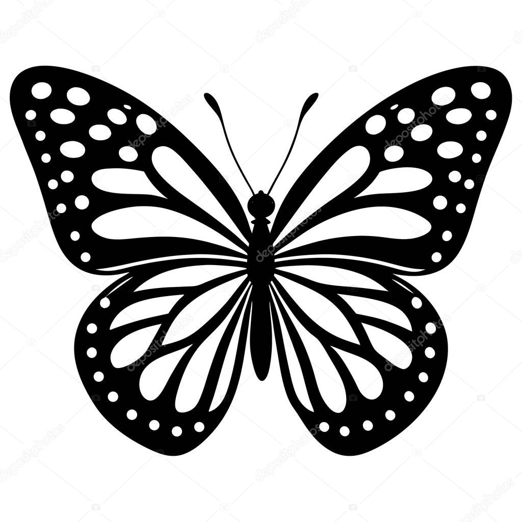 Elegant black and white vector illustration featuring a symmetrical butterfly with detailed wing patterns.
