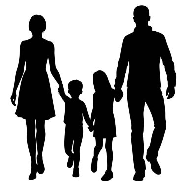 Beyaz arka planda yürüyen ve el ele tutuşan dört kişilik bir ailenin siyah siluetleri. Görüntüde bir anne, baba, oğul ve kız var. Hepsi basit ve minimalist bir şekilde resmedilmiş..