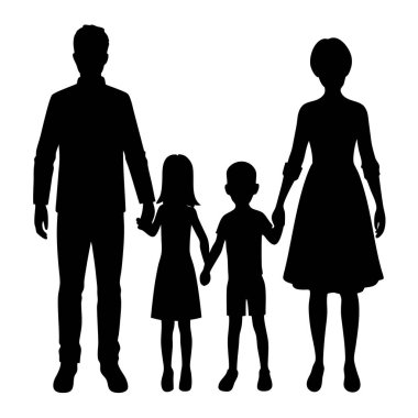 Dört kişilik bir ailenin siyah siluetleri. Basit ve minimalist bir beyaz arka planda el ele tutuşan anne kız ve oğul.