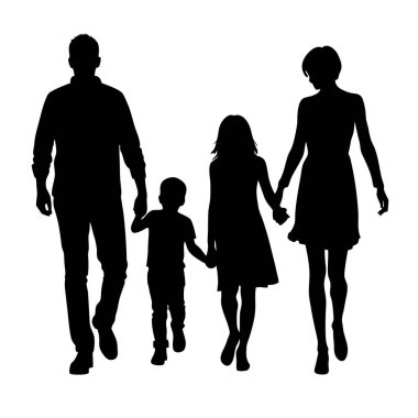 Beyaz arka planda el ele yürüyen dört kişilik bir ailenin siyah siluetleri. Tarzı basit ve minimalist. İmaj bir birliktelik ve aile birliği hissi veriyor..