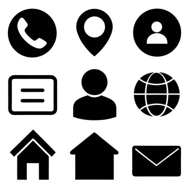 Beyaz arkaplana karşı koyu siyah kabartmalı 9 basit temas simgesi seti. Telefon, konum, kullanıcı, adres, dünya, ev ve e-posta sembollerini içerir.