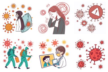 Coronavirus pandemik tepkisinin çeşitli yönlerini tasvir eden bir derleme: koruyucu giysiler içindeki maskeler, sağlık görevlileri, teletıp danışmanlıkları ve virüs görüntüleyicisi arasında duygusal sıkıntı yaşayan bir kişi.