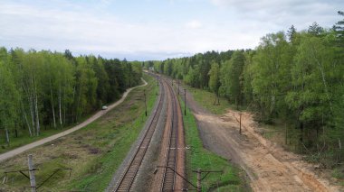 Tren ormanın yanındaki bir raydan geçiyor. Tren bir sürü yük taşıyor ve raylar ağaçlarla çevrili. Huzurlu ve huzurlu bir sahne.