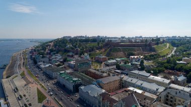 City with a river running through it. The buildings are tall and the streets are busy with cars and pedestrians. Nizhny Novgorod clipart