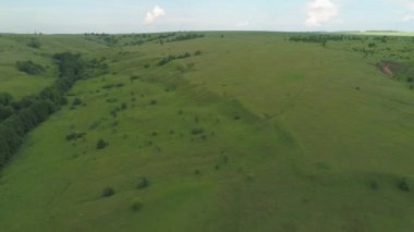 Yazın yeşil tepelerin ve çayırların havadan görünüşü