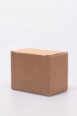 Beyaz Yüzey Gri Kutusuna Açık Lid ile karton kutu beyaz bir arka plana karşı kapağı açık kahverengi bir karton kutu izole