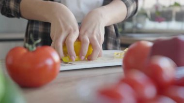 Parlak mutfağa taze salata yakın plan el ile dilimlenmiş biberi kaseye ekliyorum. Sağlıklı yemek pişirme, ev yapımı yemekler, organik gıda hazırlama, vejetaryen yemek tarifleri, mutfak yaşam tarzı için mükemmel.