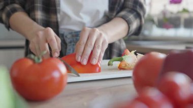 Sağlıklı ev yapımı salata için kesilmiş taze kırmızı çan biberi dilimliyorum. Yemek Videoları, Sağlıklı Yaşam Tarzı Tanıtımları, Taze Malzemeler Ev Aşçısı İlhamları, Mutfak Hazırlama Sahneleri için Mükemmel