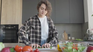 Salatalık doğrayan sıradan bir kadın ve mutfakta taze salata hazırlıyor. Sağlıklı yemek, ev yemeği, ev yapımı yaşam tarzı, vegan tarifleri, organik gıdalar ve rahat mutfak içleri için mükemmel.