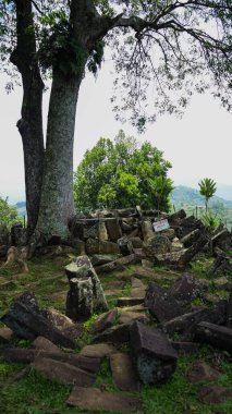 Gunung Padang, Piramit Dağı olarak da bilinir, Batı Java, Endonezya 'da bulunur. Bu tarihi yer, yoğun yeşil bitki örtüsüyle çevrili.